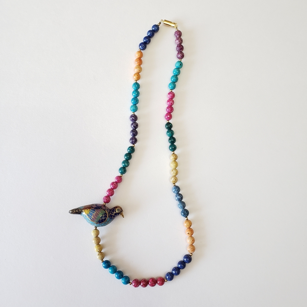 Vintage 1960's Gold Tone clasp, Multi Bead, Cloisonne Bird Necklace, - Picture 4 of 11